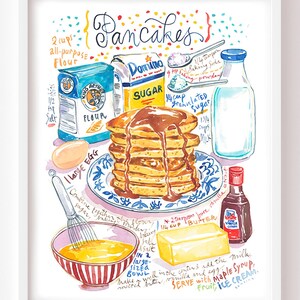 Pancake recipe fine art print, Watercolor food painting, Breakfast artwork, Yummy kitchen decor, Best friend gift, Cool coffee shop wall art