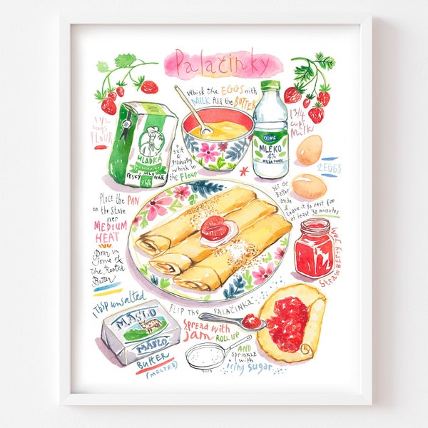 Palacinky recipe print, Czech pancake poster, Colorful kitchen art, Balkan-Style crepe painting, Watercolor Czech Republic bakery wall decor