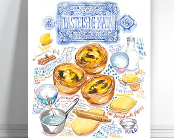 Portuguese Pasteis De Nata Watercolor Recipe Art Print, Lisbon Custard Tart Poster, Kitchen Decor