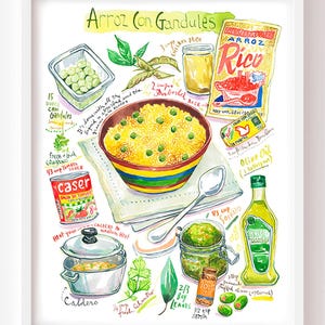 Puerto Rican Arroz con Gandules recipe fine art print, Watercolor food painting, Caribbean kitchen decor, Puerto Rico cuisine nostalgia gift