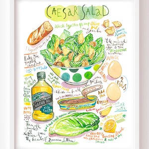 La salade Caesar, Poster recette illustrée, Affiche aquarelle, Décor cuisine, Cuisine d'été, Art culinaire, Cadeau d'anniversaire gourmand