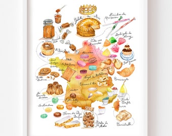 Map of sweet treats in France, Watercolor painting, French dessert poster, Gourmet gift, French kitchen print, European home decor, Food art