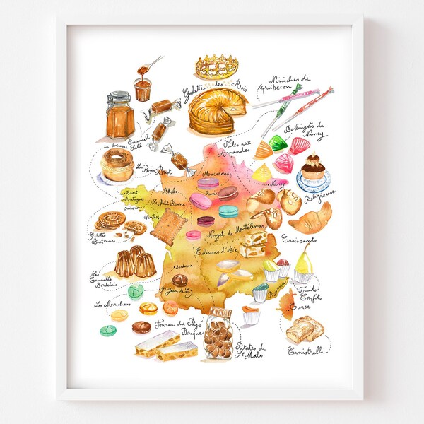 Map of sweet treats in France, Watercolor painting, French dessert poster, Gourmet gift, French kitchen print, European home decor, Food art