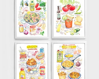 Spanish food print set of 4 watercolor recipes, Paella, Tortilla Espanola, Gazpacho Andaluz, Croquetas, Spain cuisine posters, Gourmet gift