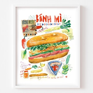 Vietnamese Banh Mi recipe print, Watercolor painting, Asian restaurant decor, Vietnam cuisine poster, Vietnamese kitchen print, Food art image 1