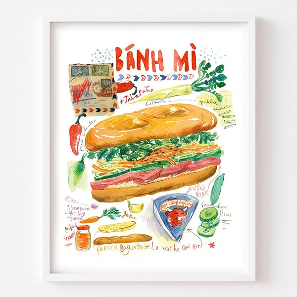 Le Banh Mi, Recette illustrée sandwich vietnamien, Cuisine Vietnam, Art culinaire, Affiche aquarelle décoration murale restaurant asiatique