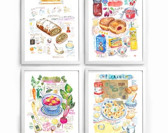 Polish food print set of 4 watercolor recipes, Pierogi, Makowiec, Soup poster, Paczki, Poland cuisine, Kitchen wall art, European painting