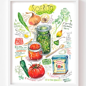 Puede incluir: Ilustración en acuarela de ingredientes para sofrito, incluyendo cilantro, cebollas, ajo, pimientos y tomates. La imagen presenta frascos de sofrito y texto que dice "Puerto Rican Sofrito" y "Spanish Sofrito". Se incluye una receta.