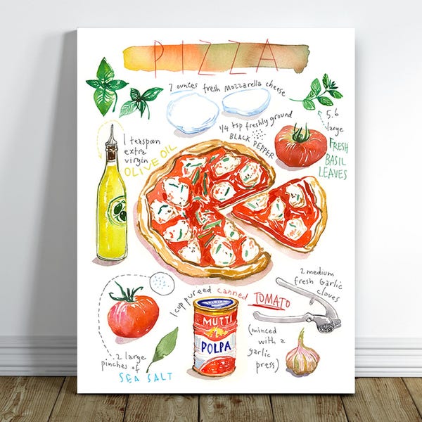 Pizza Recipe Watercolor Fine Art Print: Italian Food Poster, Red Kitchen Wall Decor