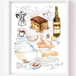 Tiramisu recipe fine art print, Watercolor painting, Italian food artwork, Italy themed kitchen decor, European dessert wall art, Chef gift