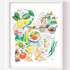 Chinese Five Elements Art Print: Watercolor Kitchen Decor, Asian Food Art