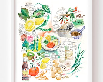 Chinese Five Elements Art Print: Watercolor Kitchen Decor, Asian Food Art