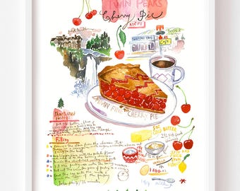 Twin Peaks Cherry Pie Recipe Art Print: Double R Diner Watercolor poster
