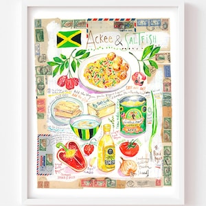 Jamaica Ackee and Saltfish illustrated recipe fine art print, Caribbean kitchen wall decor, Jamaican food watercolor painting, Jamaican gift