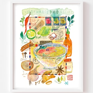 Illustration Pho vietnamien, Décoration cuisine, Aquarelle cuisine asiatique, Art culinaire du Vietnam, Recette illustrée
