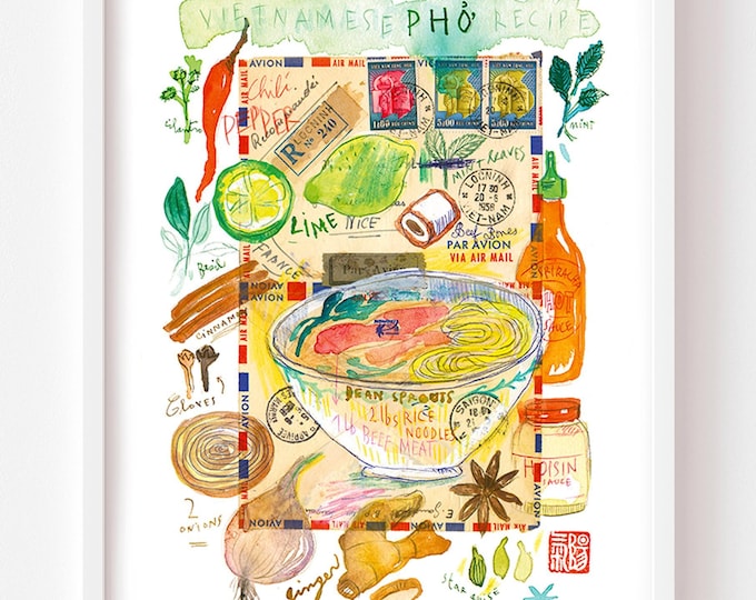 Vietnamese Pho Recipe Art Print: Watercolor Asian Kitchen Decor
