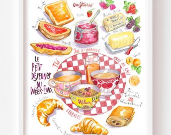French Breakfast Print: France Kitchen Wall Art, Watercolor Croissant Latte Baguette Paris Home Decor