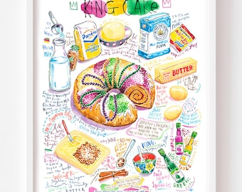 Louisiana King Cake recipe fine art print, Watercolor New Orleans Mardi Gras bakery, Southern cuisine, Cajun food artwork, Kitchen wall art