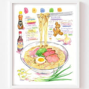 Watercolor Ramen Recipe Art Print: Japanese Kitchen Decor