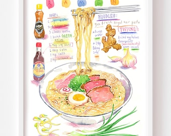 Ramen recipe fine art print, Watercolor painting, Japanese cuisine artwork, Colorful Asian food art gift, Tokyo noodle bar kitchen decor