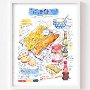 Fish and Chips recipe fine art print, Watercolor painting, UK cooking, English fried fish artwork, British kitchen wall art, London cuisine