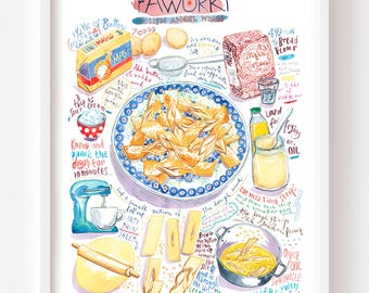 Faworki Recipe Watercolor Art Print: Polish Angel Wings Foodie Gift
