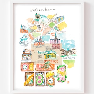 Copenhagen watercolor map and smorrebrod fine art print, Illustrated city wall hanging, Danish home decor, Scandinavian kitchen artwork