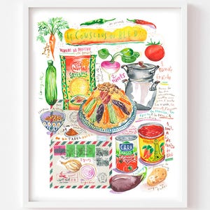 Couscous recipe fine art print, Watercolor painting, Mediterranean food wall art, Colorful Moroccan kitchen decor, Algeria cuisine artwork