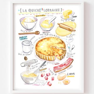 French cuisine fine art print, Quiche Lorraine recipe artwork, Watercolor painting,  European kitchen wall decor, Gift for foodie, Food art