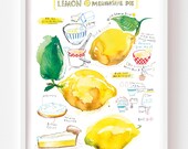 Lemon Meringue Pie recipe fine art print, Watercolor painting, Yellow kitchen wall art, French pastry, Bakery decor, Fruit cake dessert