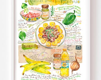 Haitian food fine art print, Griot and Fried Plantain recipe watercolor painting, Caribbean kitchen decor, Haiti cuisine wall hanging gift