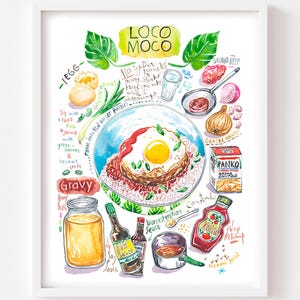 Loco Moco Recipe Art Print: Hawaiian Food Watercolor Kitchen Decor