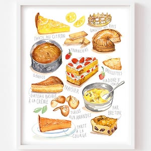 French kitchen fine art print, Watercolor painting, Parisian cakes, Kitchen wall art, Food illustration, Pastry, Bakery, Colorful home decor