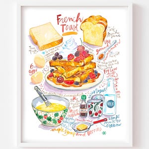 French Toast recipe fine art print, Watercolor painting, Dessert artwork, Kitchen wall art, Dining room decor, Best friend food art gift