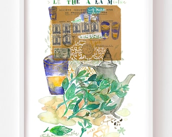 Maghrebi Fresh Mint tea recipe fine art print, Watercolor painting, Middle Eastern Home decor, Kitchen wall art, Moroccan hot drink artwork