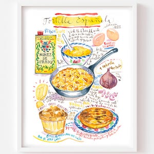 Tortilla Espanola recipe fine art print, Watercolor painting, Yellow Spanish kitchen wall art, Restaurant decor, European food illustration