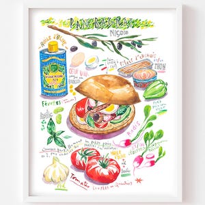South of France Pan Bagnat sandwich recipe fine art print, French Riviera decor, Watercolor food painting, Provence cuisine, Kitchen art
