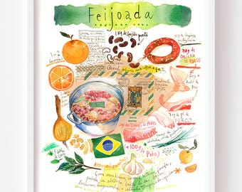 Brazilian Feijoada Watercolor Recipe Art Print: South American Kitchen Wall Decor
