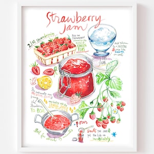 Strawberry Jam recipe fine art print, Watercolor painting, Summer fruit jelly, Red kitchen wall decor, Home cooking colorful birthday gift