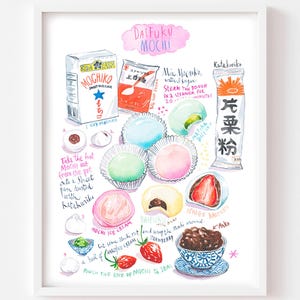 Daifuku Mochi recipe fine art print, Watercolor painting, Pastel kitchen wall hanging, Baby girl room decor, Cute Japanese dessert art gift