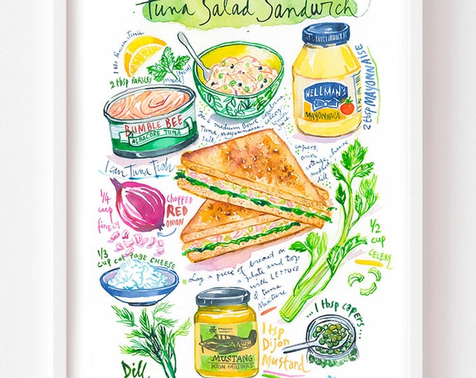 Tuna Salad Sandwich Recipe Art Print: Watercolor Kitchen Wall Decor