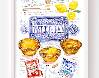 Pastel de Nata recipe fine art print, Watercolor bakery, Portugal food artwork, Portuguese pastry, Blue kitchen wall art, Lisbon home decor