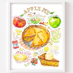 Apple Pie Recipe Watercolor Art Print: Cozy Kitchen Baking Decor