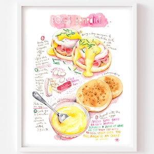 Eggs Benedict recipe fine art print, Watercolor painting, American breakfast, New York City brunch artwork, Bright kitchen decor, Food gift