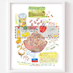 Haitian Rice and Beans recipe fine art print, Caribbean kitchen wall decor, Food watercolor painting, Haiti gift, Haitian cuisine artwork