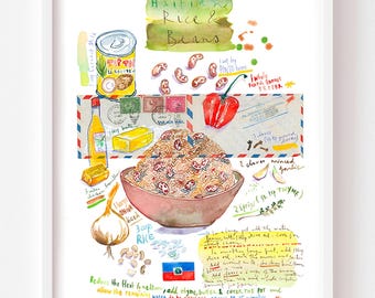 Haitian Rice and Beans recipe fine art print, Caribbean kitchen wall decor, Food watercolor painting, Haiti gift, Haitian cuisine artwork