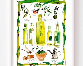 Olive Oil Watercolor Print: French Kitchen Wall Art, Provence Decor