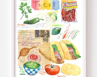 Watercolor Taco Recipe Art Print: Colorful Mexican Kitchen Decor