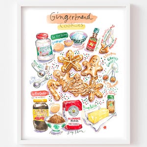 Gingerbread Cookie Recipe Art Print: Watercolor Christmas Kitchen Decor