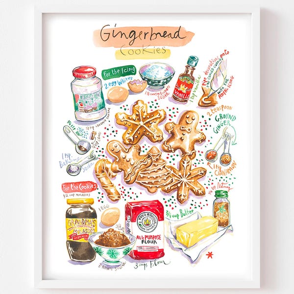 Gingerbread Cookie Recipe Art Print: Watercolor Christmas Kitchen Decor